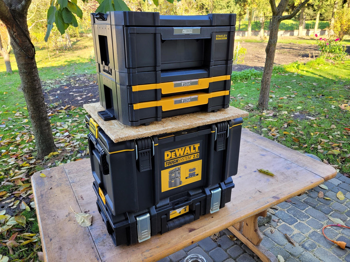 Dewalt Tstak and Stanley Fatmax to Dewalt toughsystem 2.0 adapter (separate top and bottom with Tstak and Fatmax on top)