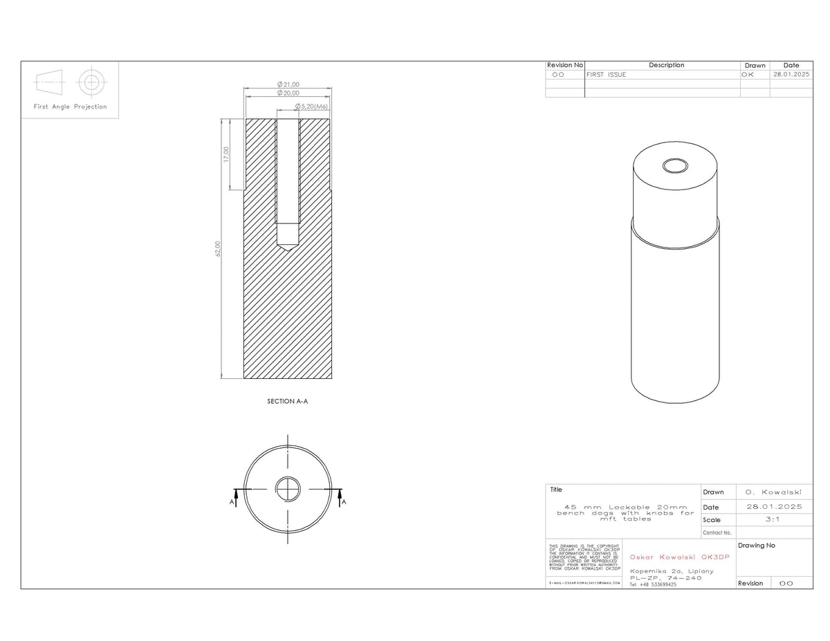 Lockable 20mm Bench Dogs with Knobs for Festool MFT, Metabo MWB 100, and Wolfcraft Master Work