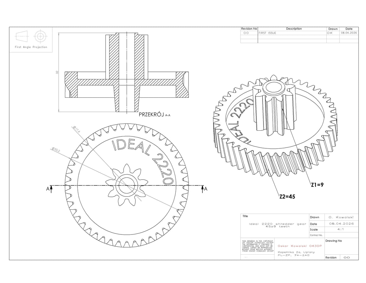 Ideal 2220 shredder gear replacement 45x9 teeth